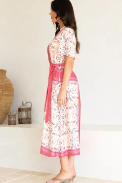 Marissa Midi Dress - Mandarin Collar Button Down Short Sleeve Dress in Thabita Print Pink><noscript><img width=