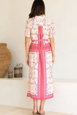 Marissa Midi Dress - Mandarin Collar Button Down Short Sleeve Dress in Thabita Print Pink><noscript><img width=