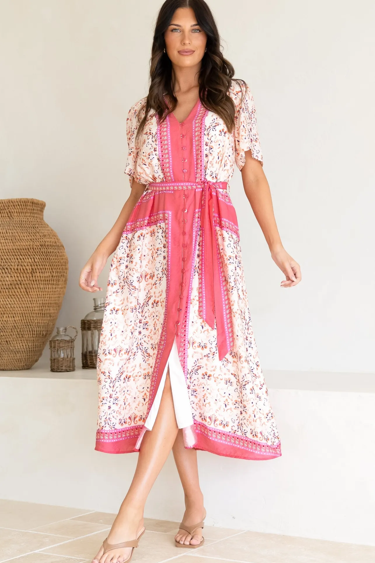 Marissa Midi Dress - Mandarin Collar Button Down Short Sleeve Dress in Thabita Print Pink>Salty Crush Discount
