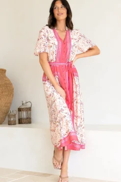 Marissa Midi Dress - Mandarin Collar Button Down Short Sleeve Dress in Thabita Print Pink><noscript><img width=