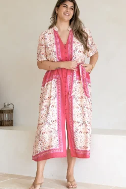 Marissa Midi Dress - Mandarin Collar Button Down Short Sleeve Dress in Thabita Print Pink><noscript><img width=