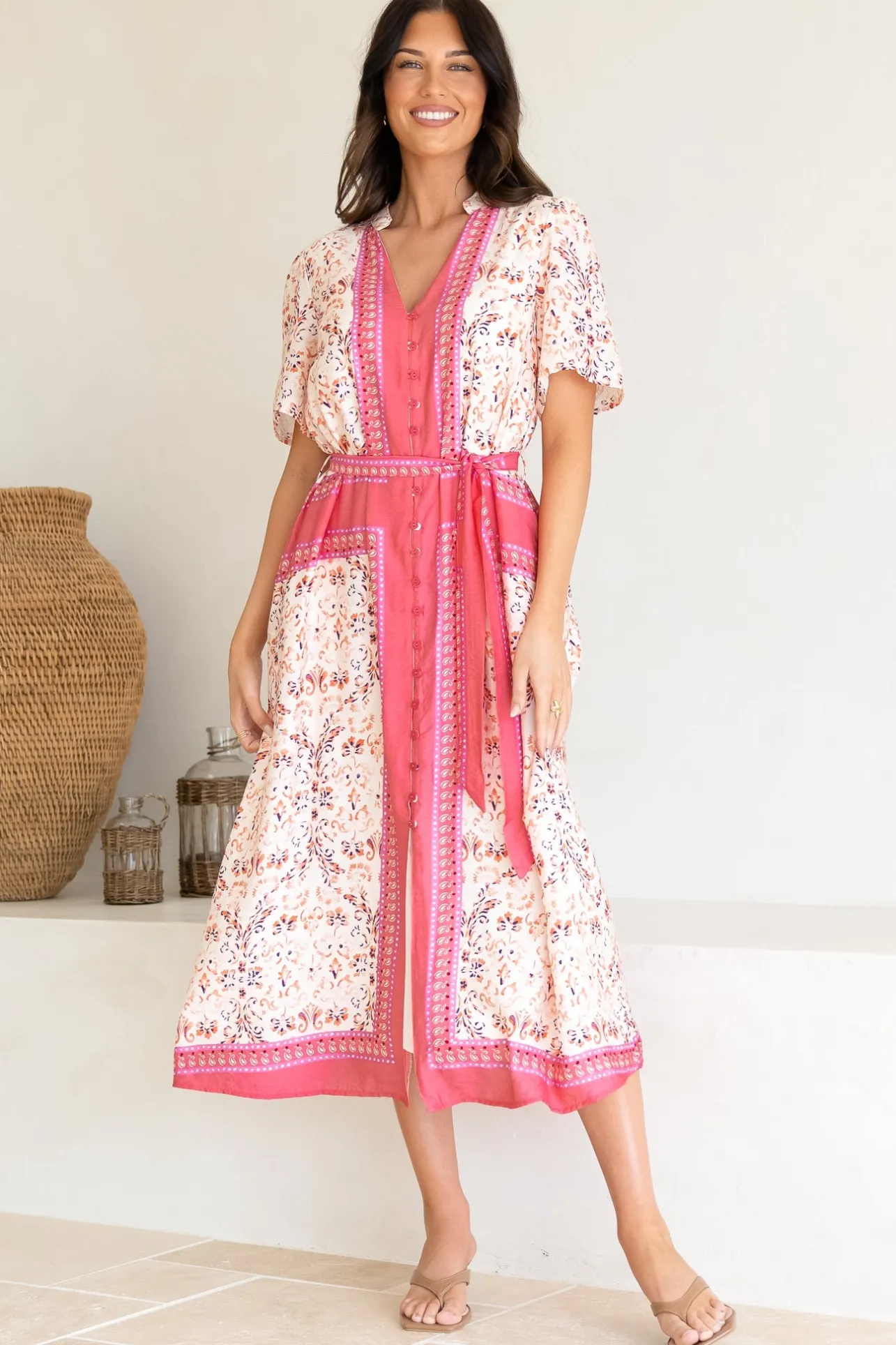 Marissa Midi Dress - Mandarin Collar Button Down Short Sleeve Dress in Thabita Print Pink>Salty Crush Discount