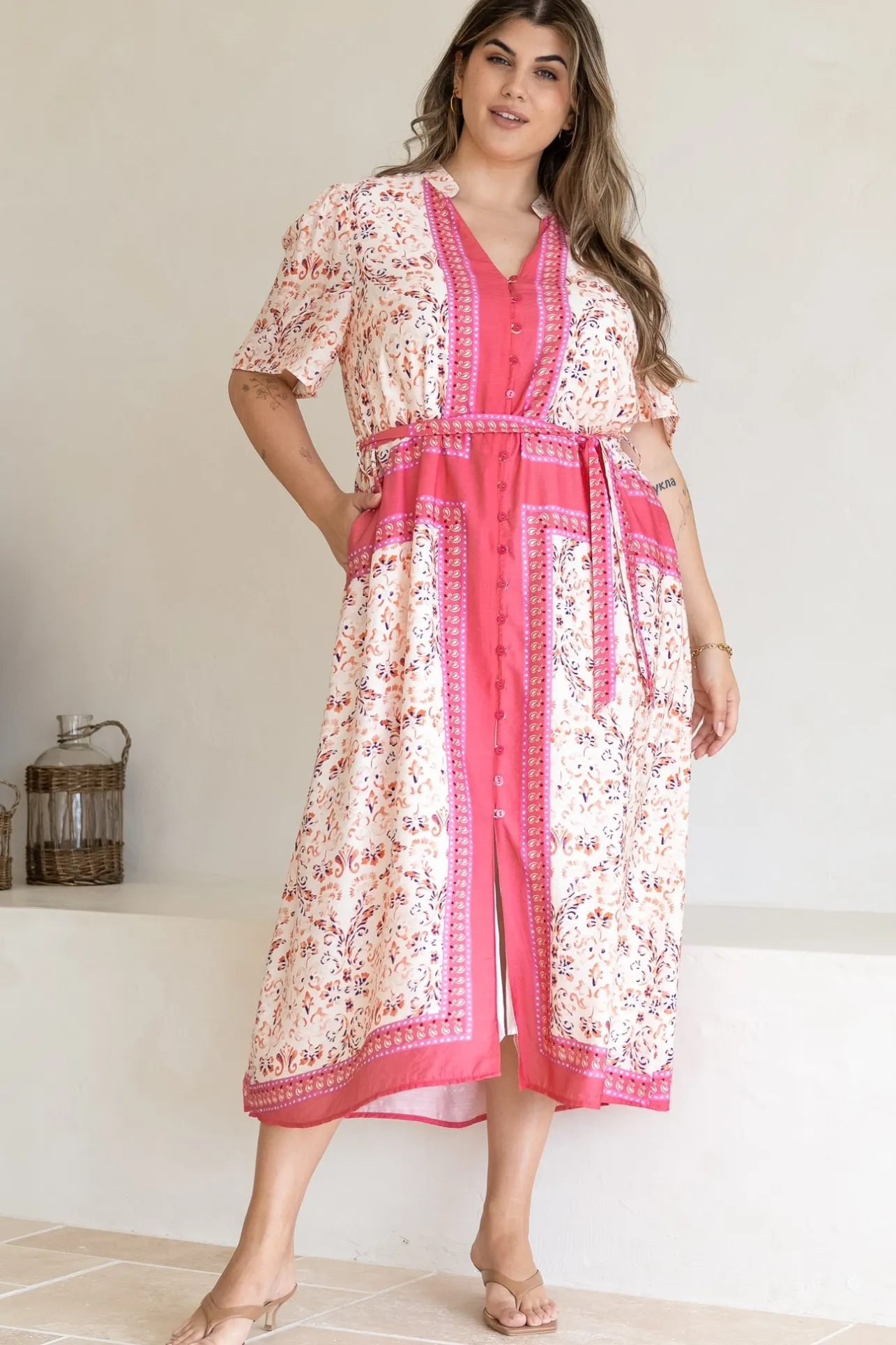 Marissa Midi Dress - Mandarin Collar Button Down Short Sleeve Dress in Thabita Print Pink>Salty Crush Discount