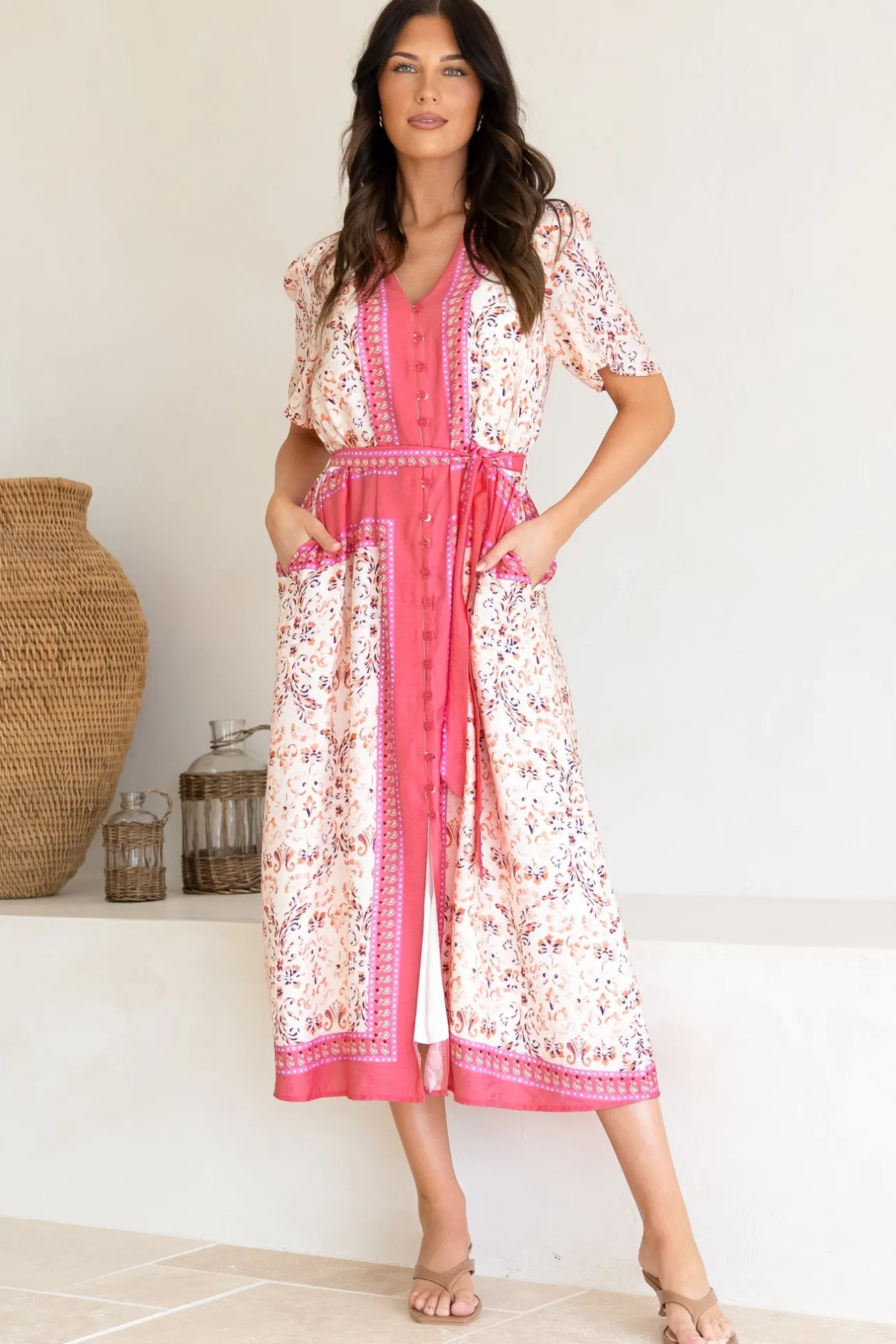 Marissa Midi Dress - Mandarin Collar Button Down Short Sleeve Dress in Thabita Print Pink>Salty Crush Discount