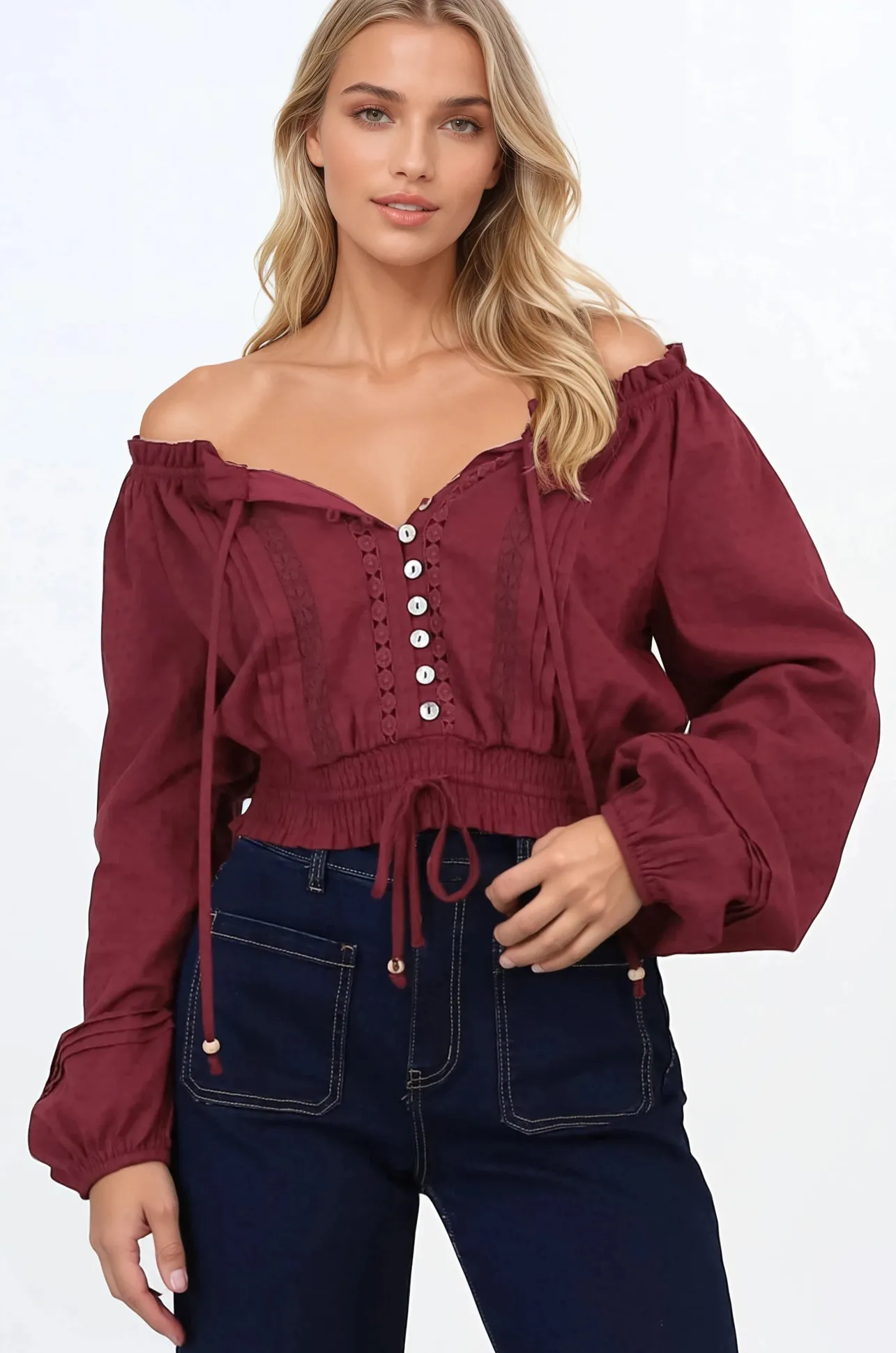 Marlon Top - On or Off Shoulder Pin Tuck Detail Long Balloon Sleeve Crop in Wine>Salty Crush Best