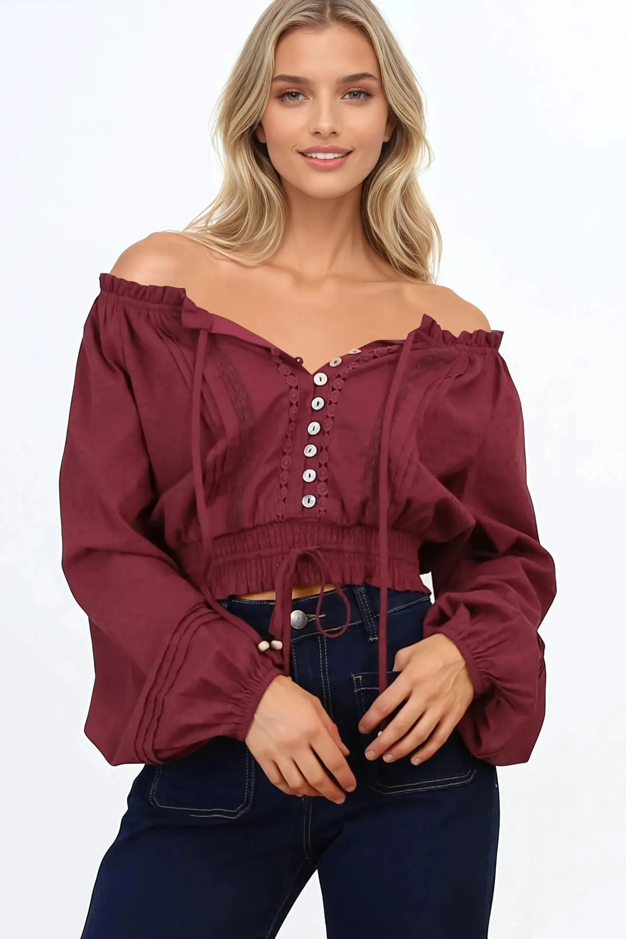Marlon Top - On or Off Shoulder Pin Tuck Detail Long Balloon Sleeve Crop in Wine>Salty Crush Best