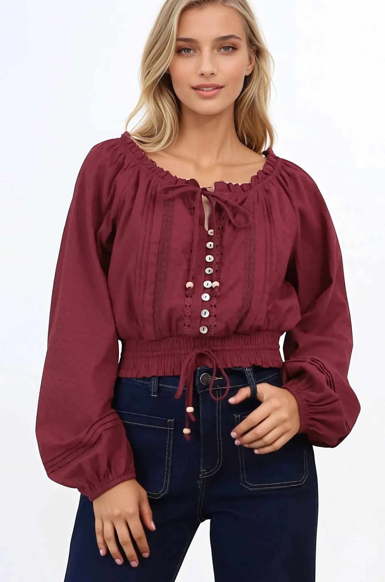 Marlon Top - On or Off Shoulder Pin Tuck Detail Long Balloon Sleeve Crop in Wine>Salty Crush Best