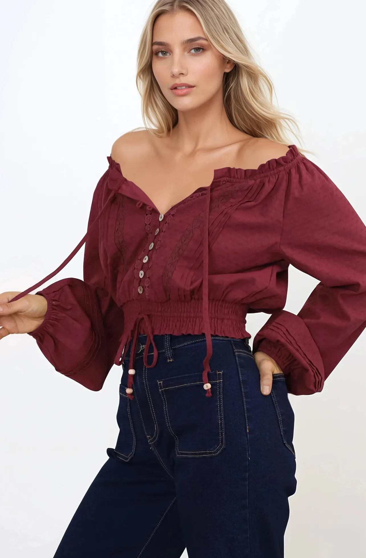 Marlon Top - On or Off Shoulder Pin Tuck Detail Long Balloon Sleeve Crop in Wine>Salty Crush Best
