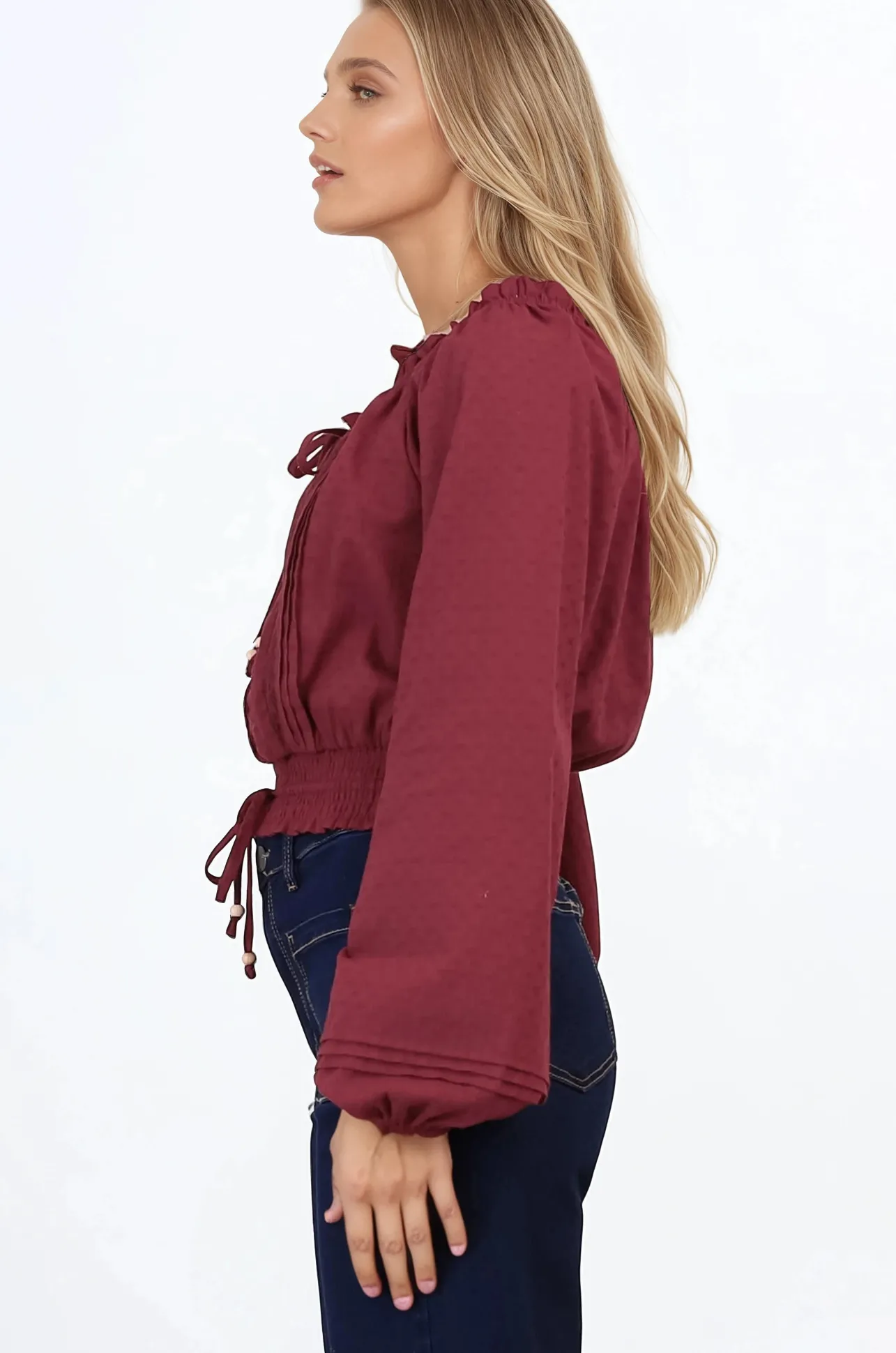 Marlon Top - On or Off Shoulder Pin Tuck Detail Long Balloon Sleeve Crop in Wine>Salty Crush Best