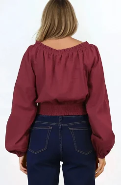 Marlon Top - On or Off Shoulder Pin Tuck Detail Long Balloon Sleeve Crop in Wine><noscript><img width=