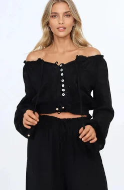 Marlon Top - On or Off Shoulder Pin Tuck Detail Long Balloon Sleeve Crop in Black>Salty Crush Sale