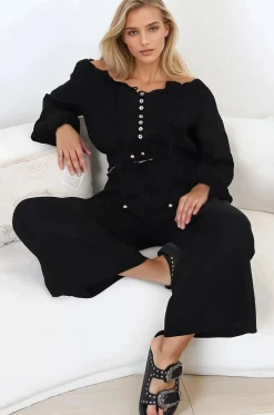 Marlon Top - On or Off Shoulder Pin Tuck Detail Long Balloon Sleeve Crop in Black>Salty Crush Sale
