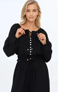 Marlon Top - On or Off Shoulder Pin Tuck Detail Long Balloon Sleeve Crop in Black><noscript><img width=