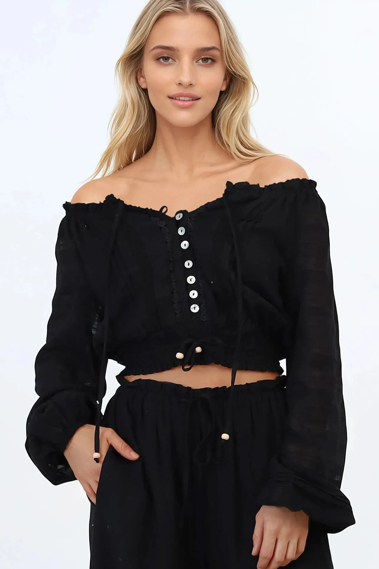 Marlon Top - On or Off Shoulder Pin Tuck Detail Long Balloon Sleeve Crop in Black>Salty Crush Sale