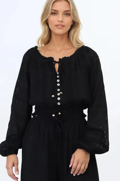 Marlon Top - On or Off Shoulder Pin Tuck Detail Long Balloon Sleeve Crop in Black><noscript><img width=