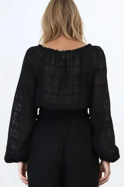 Marlon Top - On or Off Shoulder Pin Tuck Detail Long Balloon Sleeve Crop in Black><noscript><img width=