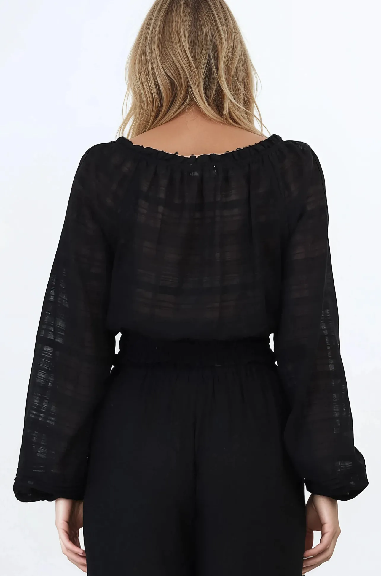 Marlon Top - On or Off Shoulder Pin Tuck Detail Long Balloon Sleeve Crop in Black>Salty Crush Sale