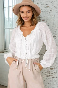 Marlon Top - On or Off Shoulder Pin Tuck Detail Long Balloon Sleeve Crop in White><noscript><img width=