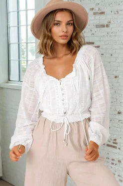 Marlon Top - On or Off Shoulder Pin Tuck Detail Long Balloon Sleeve Crop in White><noscript><img width=
