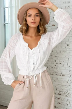 Marlon Top - On or Off Shoulder Pin Tuck Detail Long Balloon Sleeve Crop in White><noscript><img width=