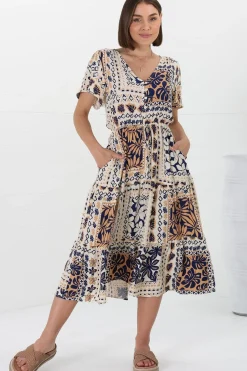 Marly Midi Dress - A Line Dress with Cap Sleeves and Rick Rack Splicing Alphy Print>Salty Crush Outlet