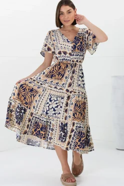 Marly Midi Dress - A Line Dress with Cap Sleeves and Rick Rack Splicing Alphy Print>Salty Crush Outlet