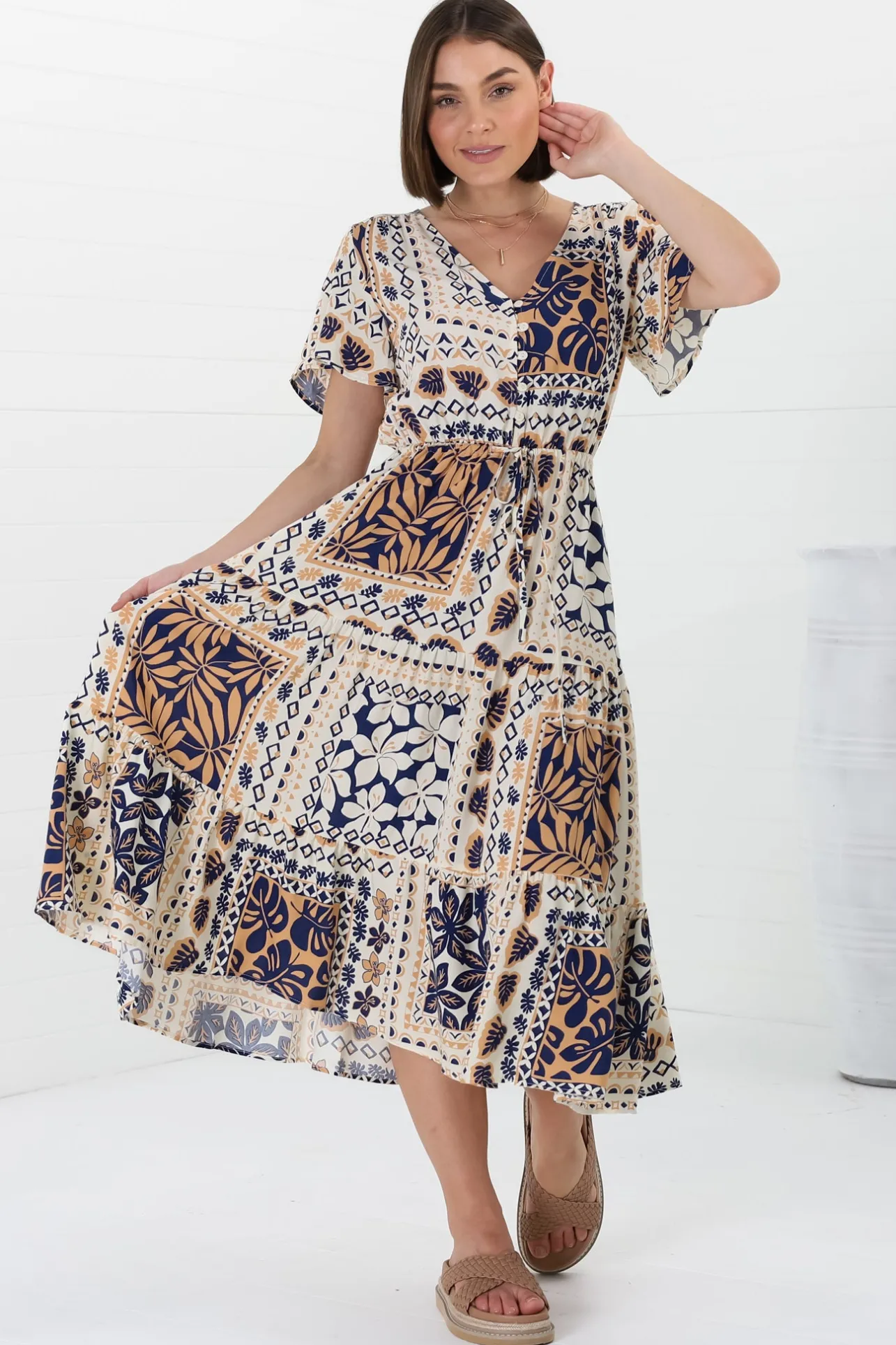 Marly Midi Dress - A Line Dress with Cap Sleeves and Rick Rack Splicing Alphy Print>Salty Crush Outlet