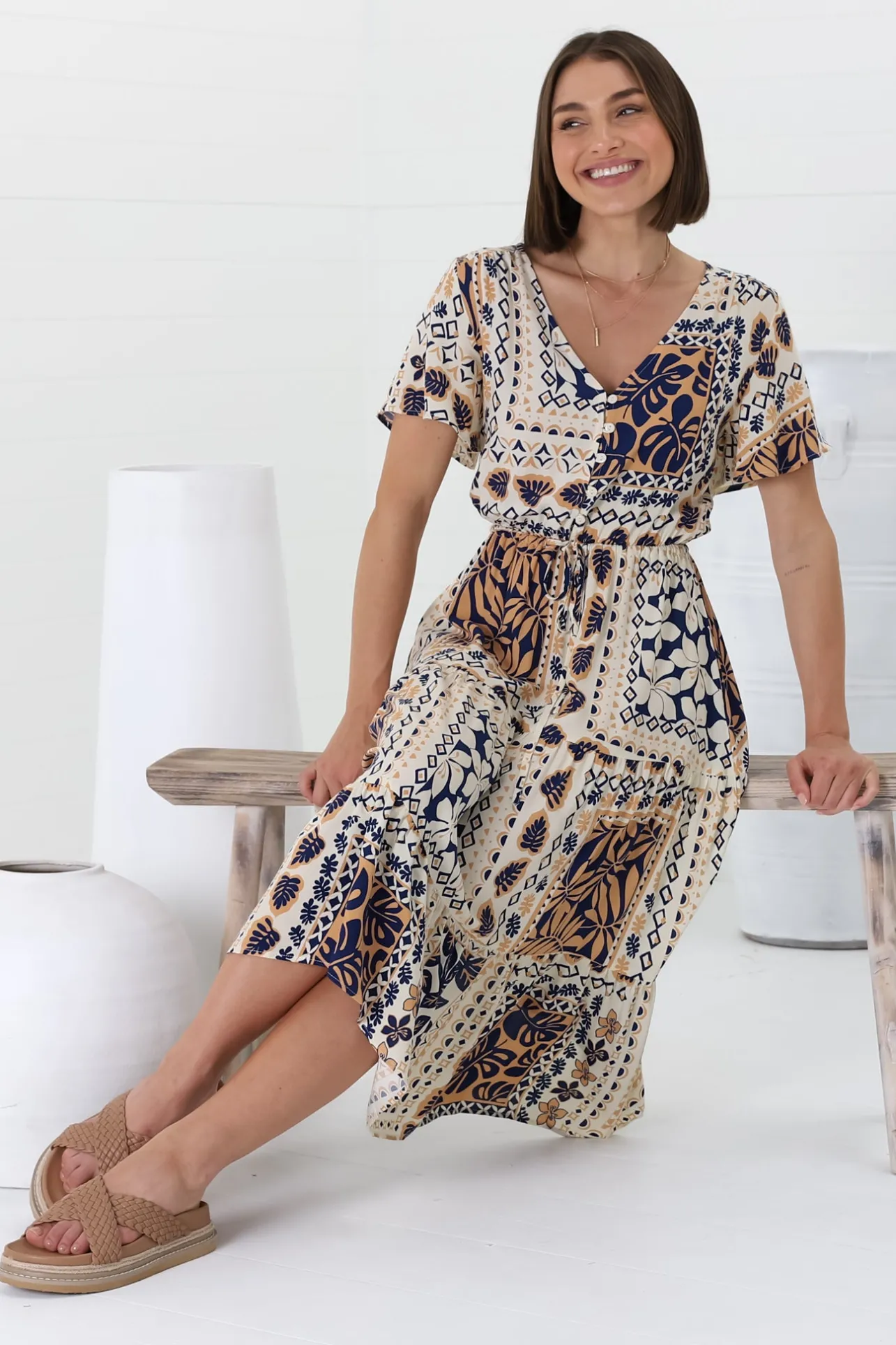 Marly Midi Dress - A Line Dress with Cap Sleeves and Rick Rack Splicing Alphy Print>Salty Crush Outlet