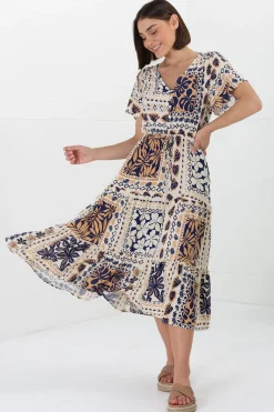 Marly Midi Dress - A Line Dress with Cap Sleeves and Rick Rack Splicing Alphy Print><noscript><img width=
