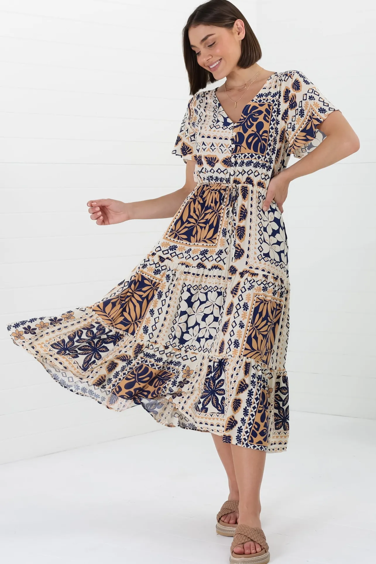 Marly Midi Dress - A Line Dress with Cap Sleeves and Rick Rack Splicing Alphy Print>Salty Crush Outlet