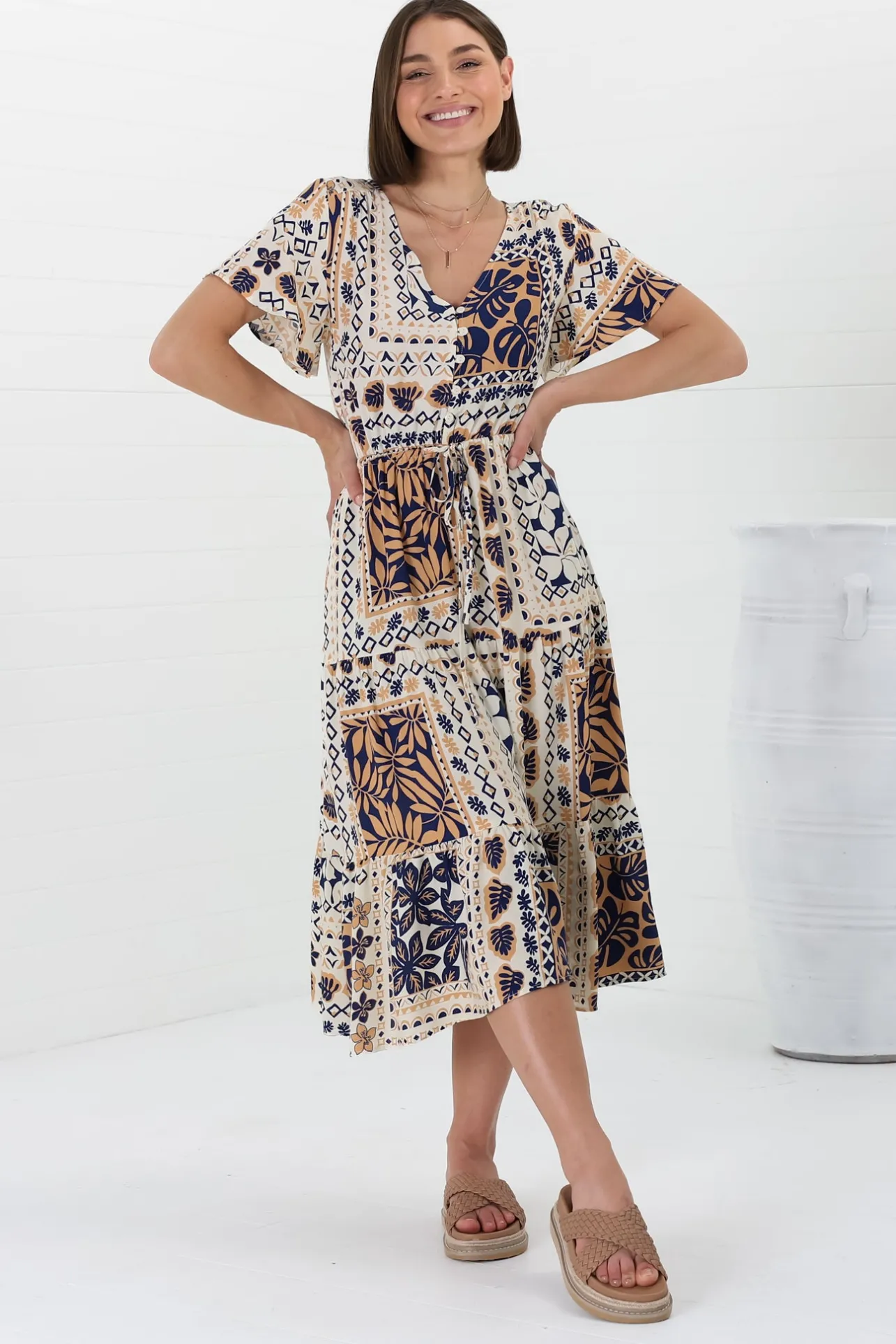 Marly Midi Dress - A Line Dress with Cap Sleeves and Rick Rack Splicing Alphy Print>Salty Crush Outlet