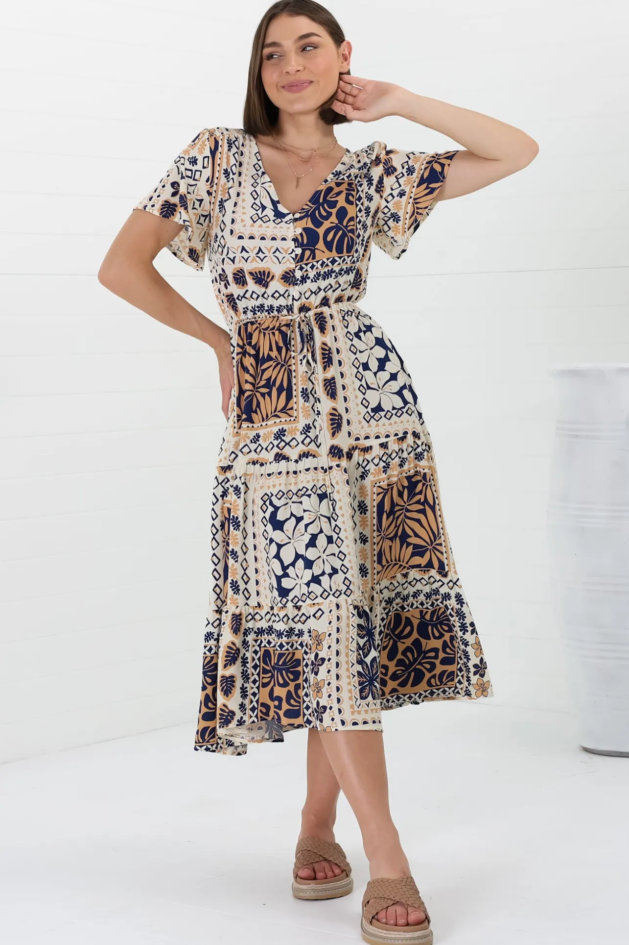 Marly Midi Dress - A Line Dress with Cap Sleeves and Rick Rack Splicing Alphy Print>Salty Crush Outlet