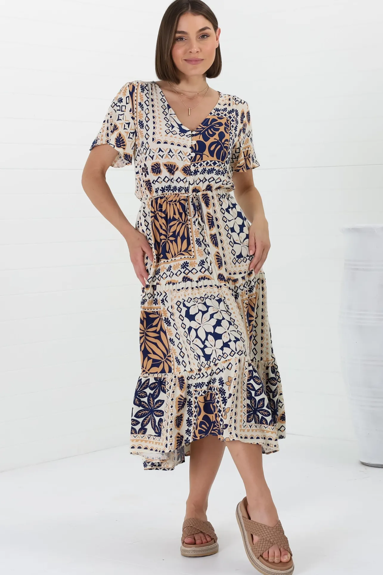 Marly Midi Dress - A Line Dress with Cap Sleeves and Rick Rack Splicing Alphy Print>Salty Crush Outlet
