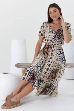 Marly Midi Dress - A Line Dress with Cap Sleeves and Rick Rack Splicing Alphy Print><noscript><img width=