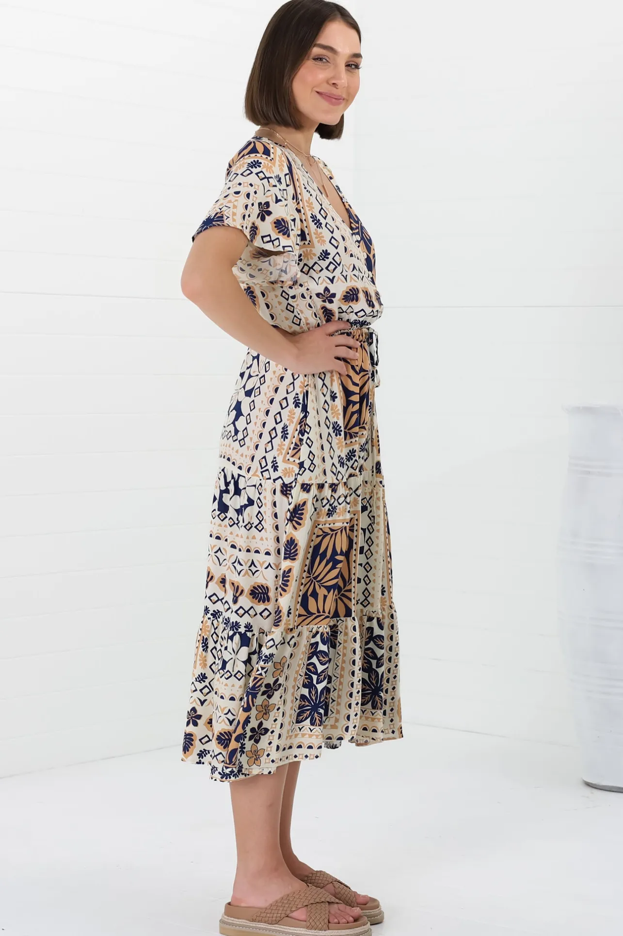 Marly Midi Dress - A Line Dress with Cap Sleeves and Rick Rack Splicing Alphy Print>Salty Crush Outlet