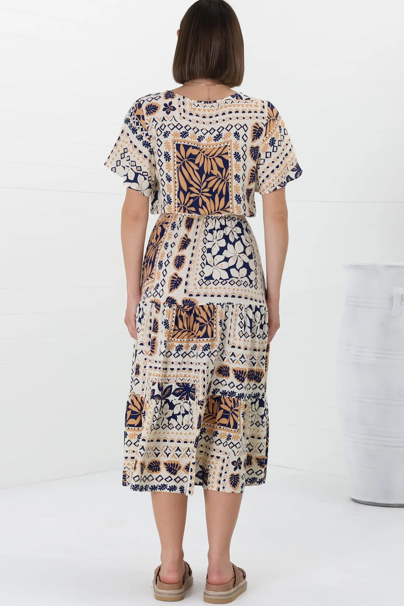 Marly Midi Dress - A Line Dress with Cap Sleeves and Rick Rack Splicing Alphy Print>Salty Crush Outlet