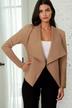 Marlyn Jacket - Faux Leather Trim Lapel Collar Jacket with Pintuck Detailed Sleeves in Camel>Salty Crush Sale
