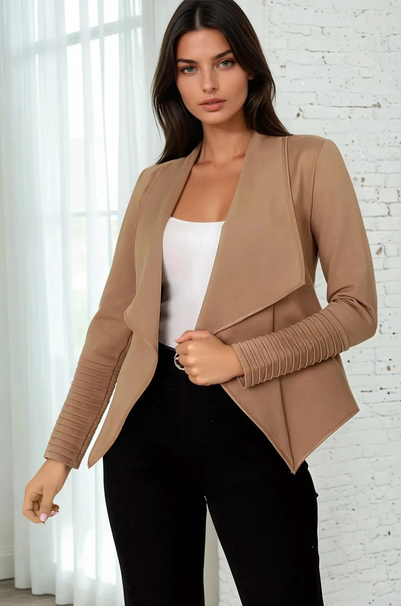 Marlyn Jacket - Faux Leather Trim Lapel Collar Jacket with Pintuck Detailed Sleeves in Camel>Salty Crush Sale