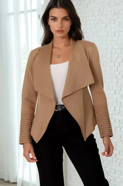 Marlyn Jacket - Faux Leather Trim Lapel Collar Jacket with Pintuck Detailed Sleeves in Camel><noscript><img width=