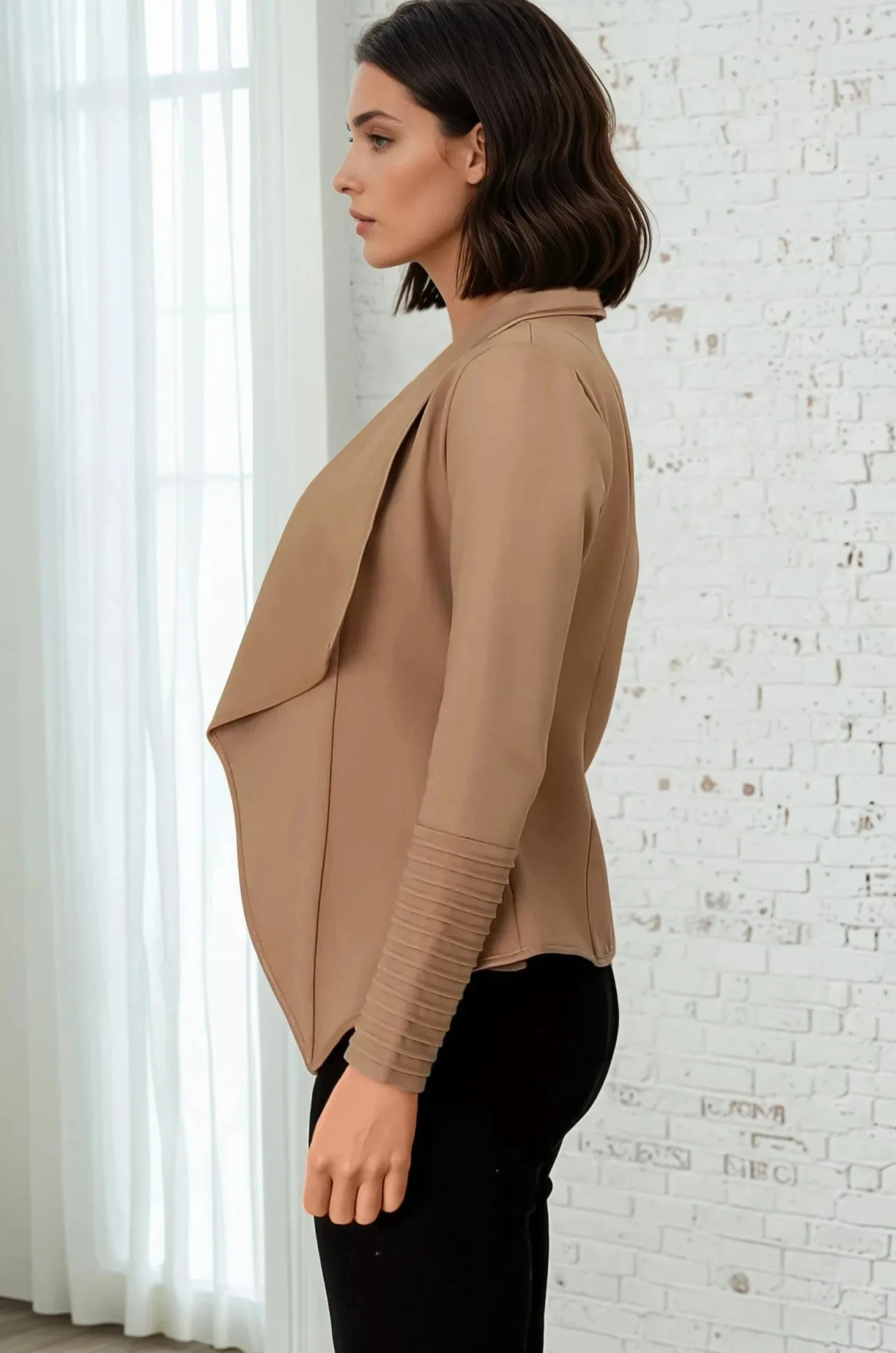 Marlyn Jacket - Faux Leather Trim Lapel Collar Jacket with Pintuck Detailed Sleeves in Camel>Salty Crush Sale
