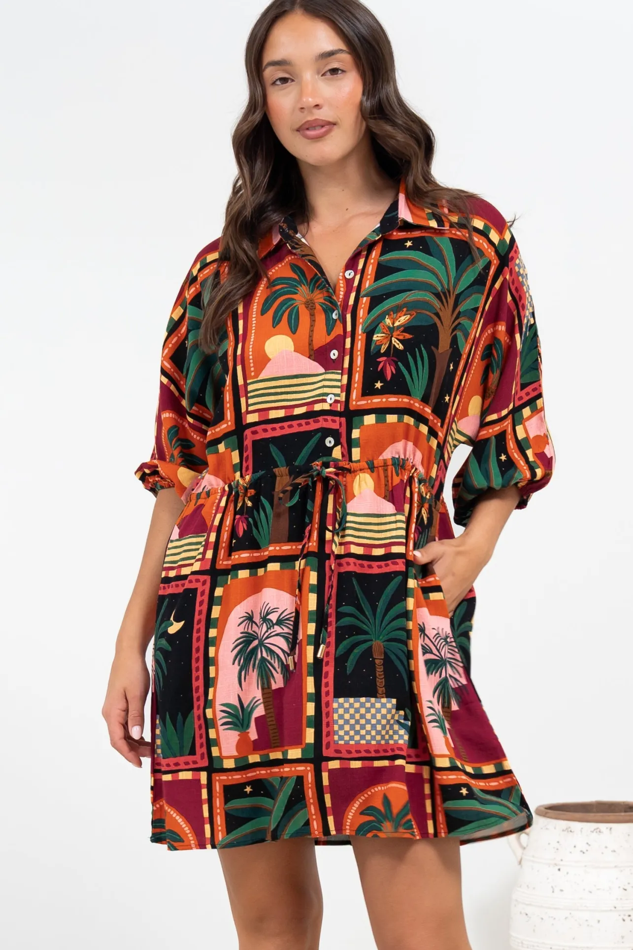 Marsdan Mini Dress - Collared Buttoned Bodice Pull Tie Waist Dress in Casablanca Print>Salty Crush