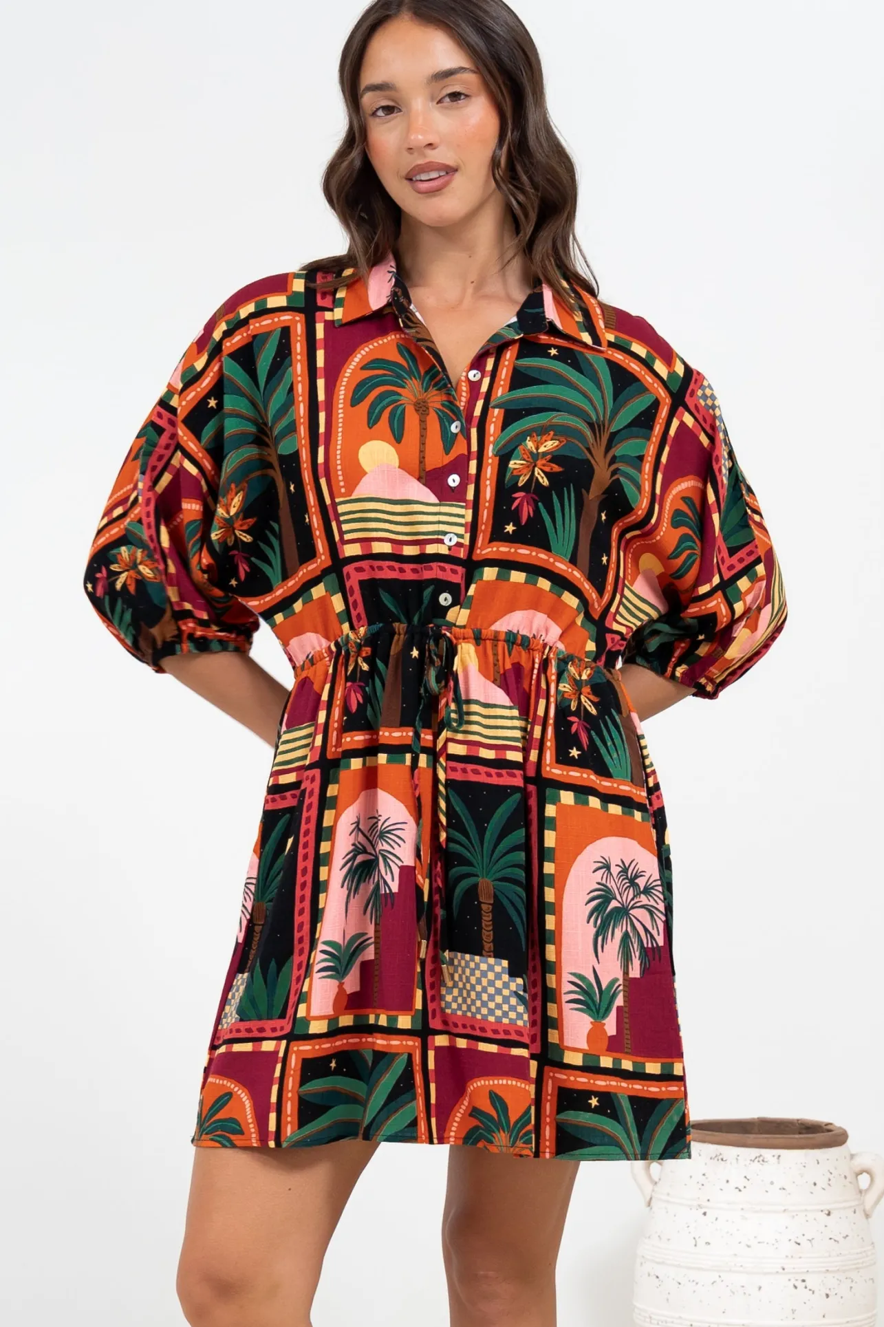 Marsdan Mini Dress - Collared Buttoned Bodice Pull Tie Waist Dress in Casablanca Print>Salty Crush