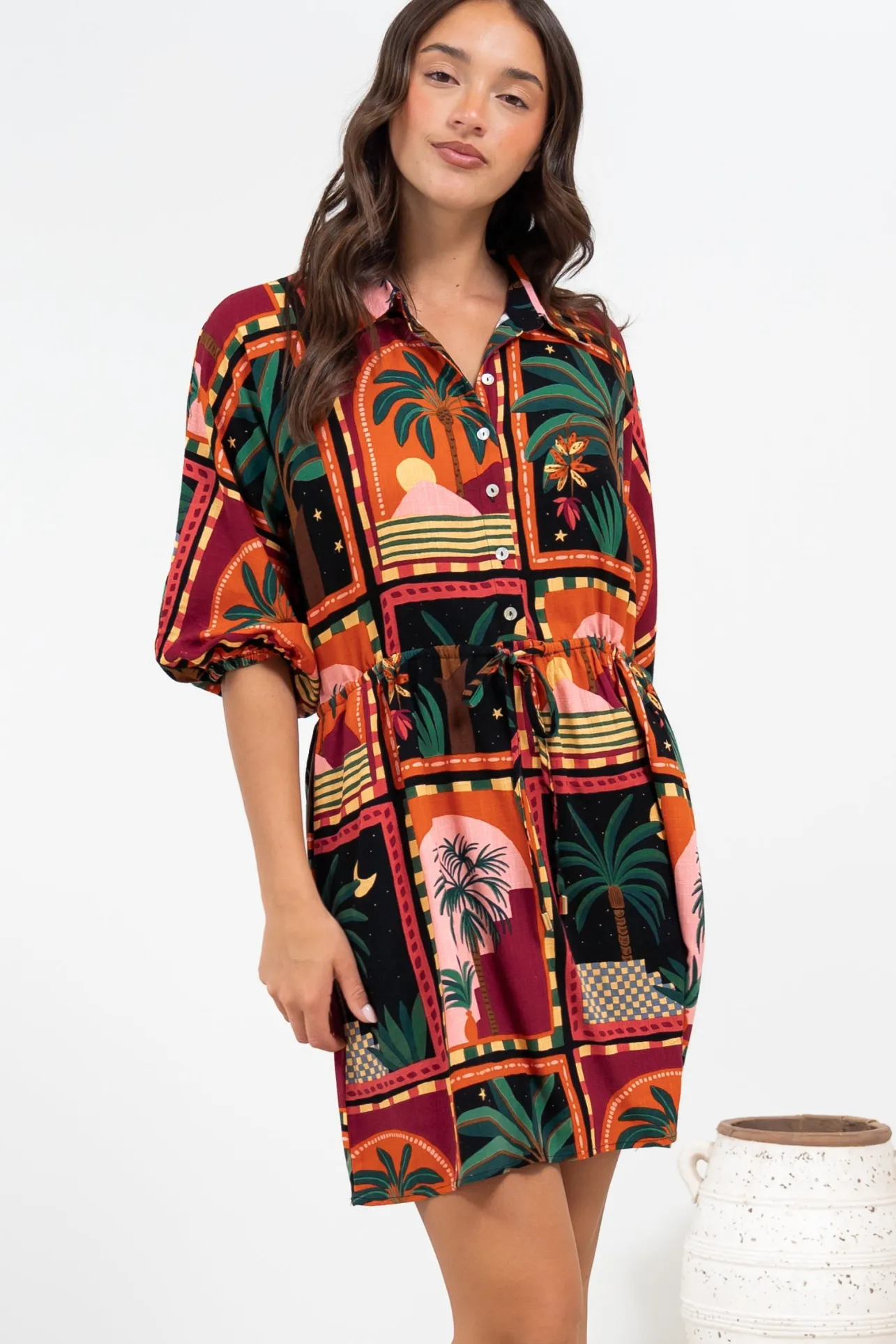 Marsdan Mini Dress - Collared Buttoned Bodice Pull Tie Waist Dress in Casablanca Print>Salty Crush