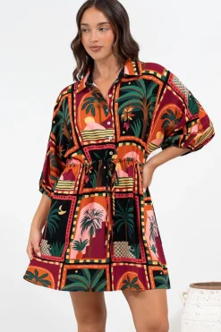 Marsdan Mini Dress - Collared Buttoned Bodice Pull Tie Waist Dress in Casablanca Print><noscript><img width=