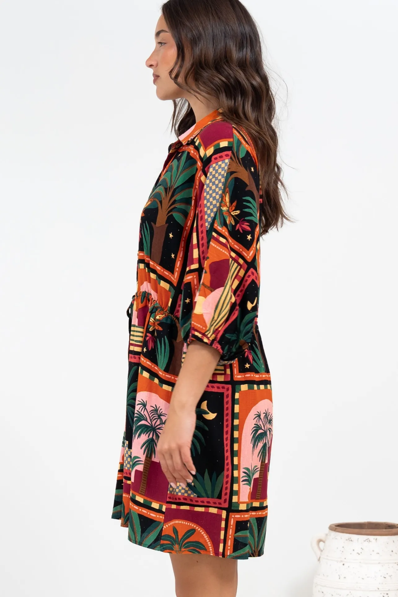 Marsdan Mini Dress - Collared Buttoned Bodice Pull Tie Waist Dress in Casablanca Print>Salty Crush