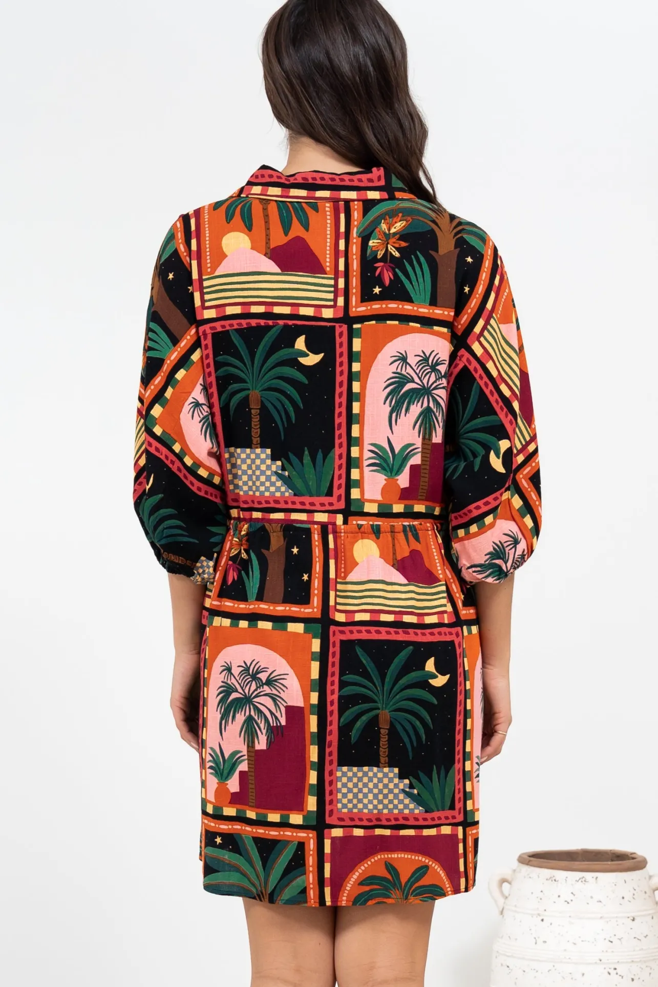 Marsdan Mini Dress - Collared Buttoned Bodice Pull Tie Waist Dress in Casablanca Print>Salty Crush