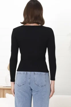 Martha Top - V Neck Basic Top with Long Sleeves in Black><noscript><img width=