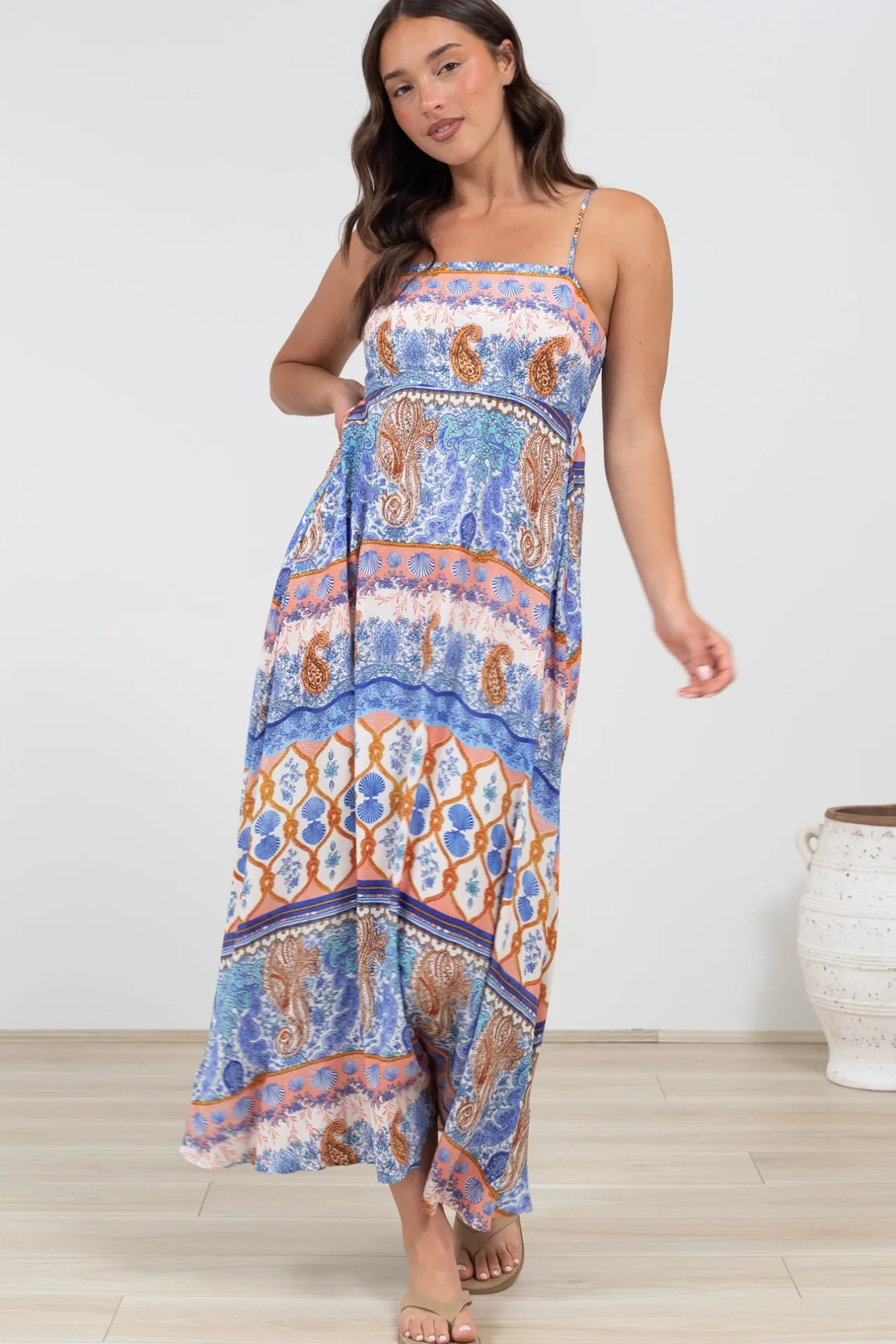 Mattina Maxi Dress: Spaghetti Strap Sun Dress in Belly Print>Salty Crush Online