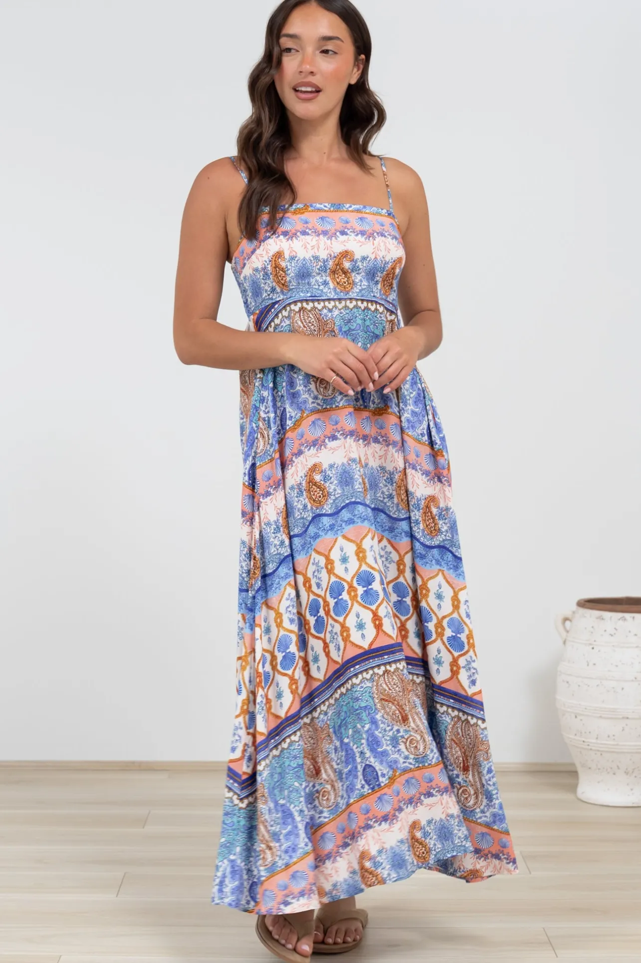 Mattina Maxi Dress: Spaghetti Strap Sun Dress in Belly Print>Salty Crush Online
