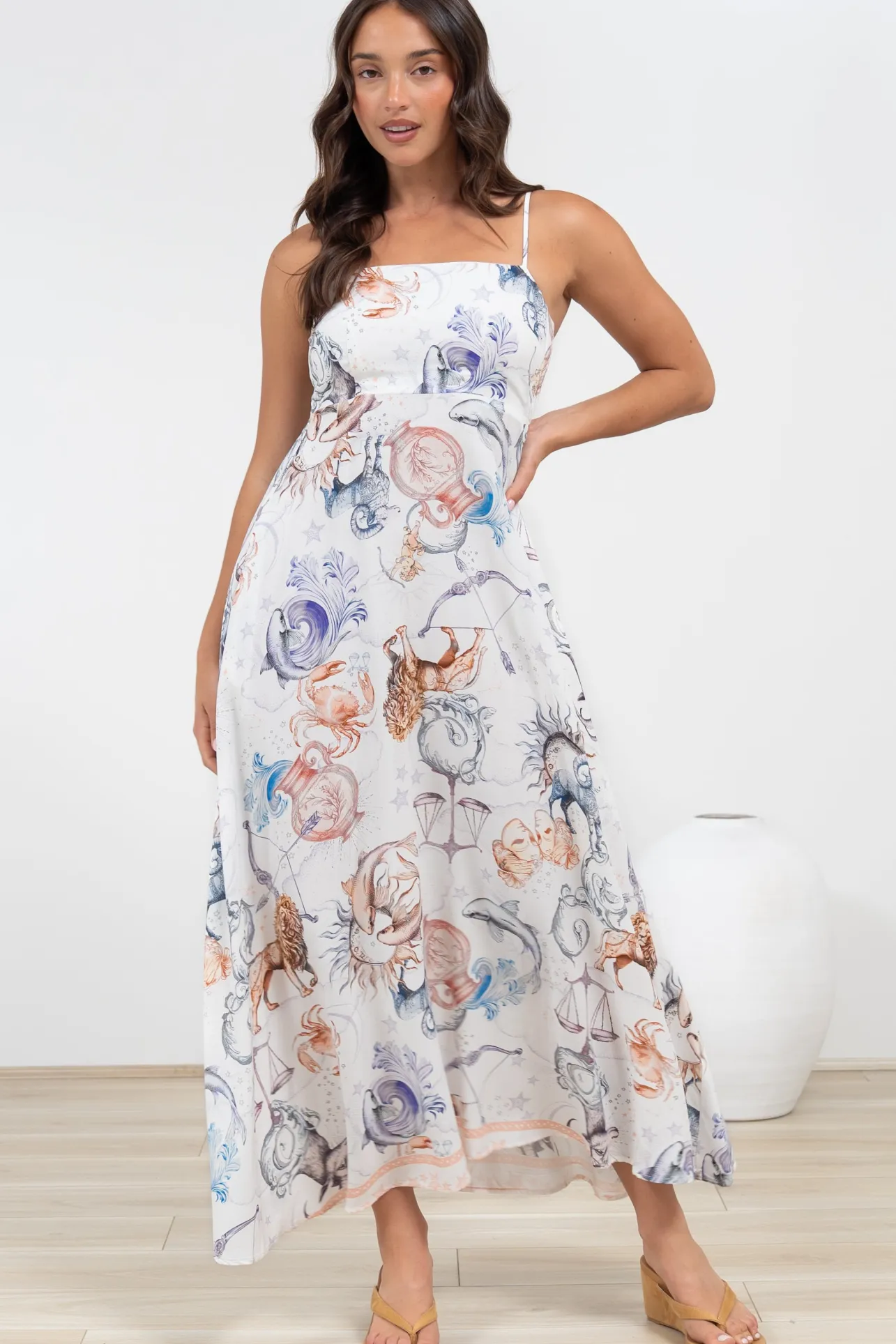 Mattina Maxi Dress: Spaghetti Strap Sun Dress in Zodiac Print>Salty Crush Best